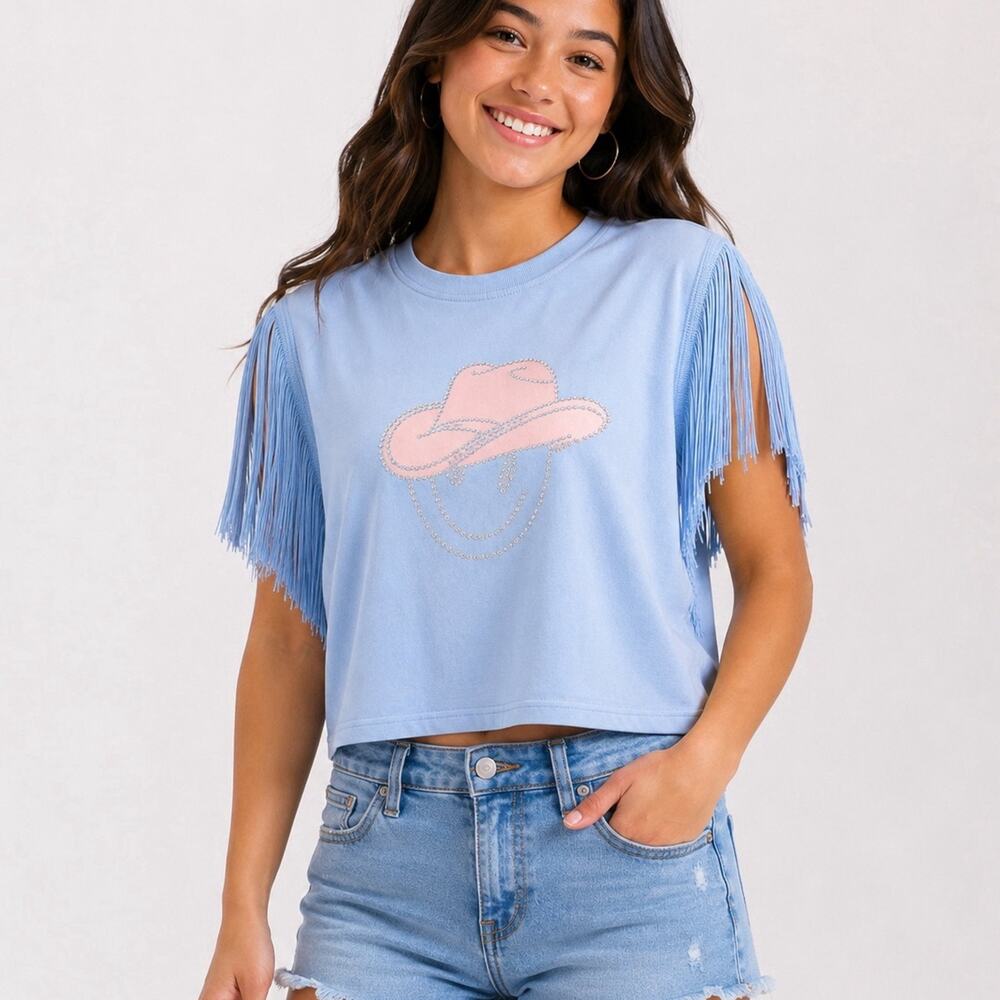 ICE BLUE WOMEN'S SHORT FRINGE SLEEVE CROP TOP GRAPHIC SHIRT SZ-Medium